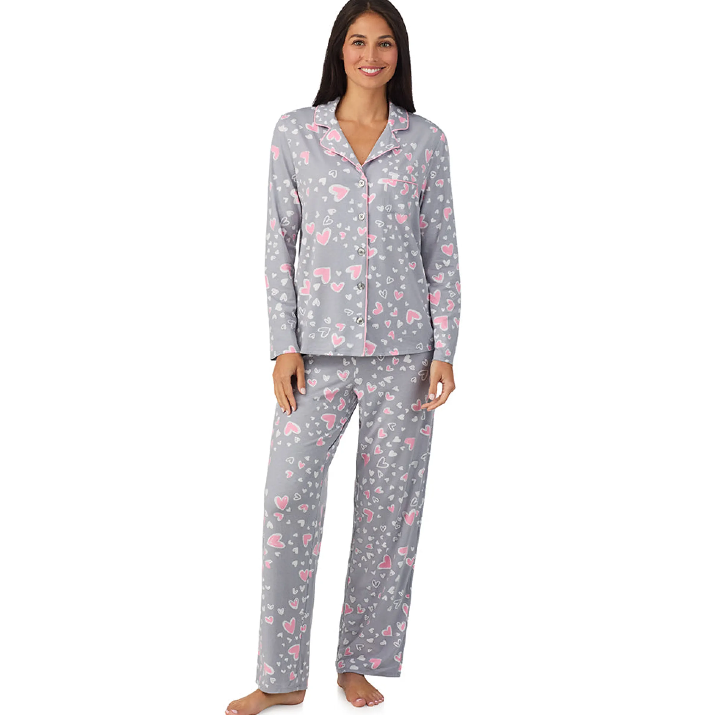 Cotton Rich Long Sleeve Notch Collar Top with Long Pant Pajama Set Women Sleepwear|Long Sleeves