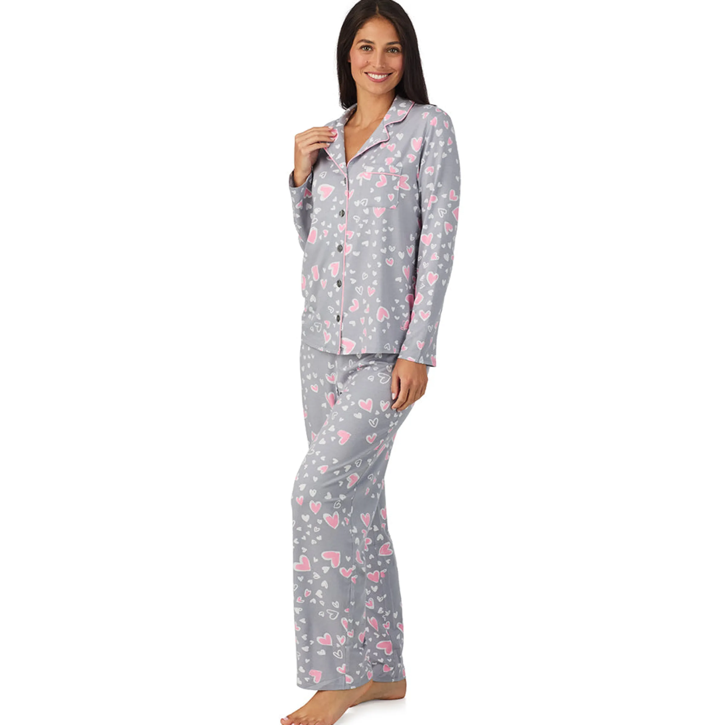 Cotton Rich Long Sleeve Notch Collar Top with Long Pant Pajama Set Women Sleepwear|Long Sleeves