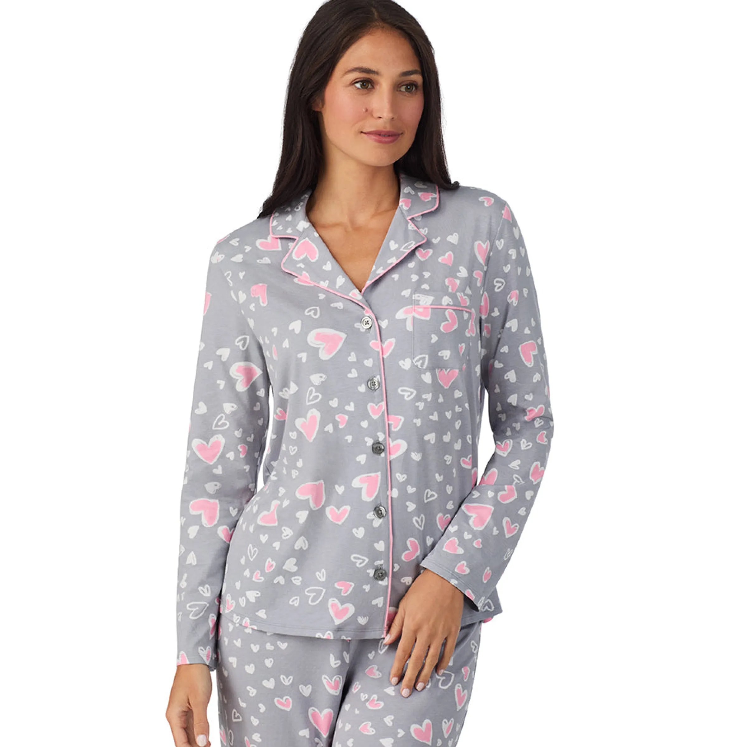 Cotton Rich Long Sleeve Notch Collar Top with Long Pant Pajama Set Women Sleepwear|Long Sleeves