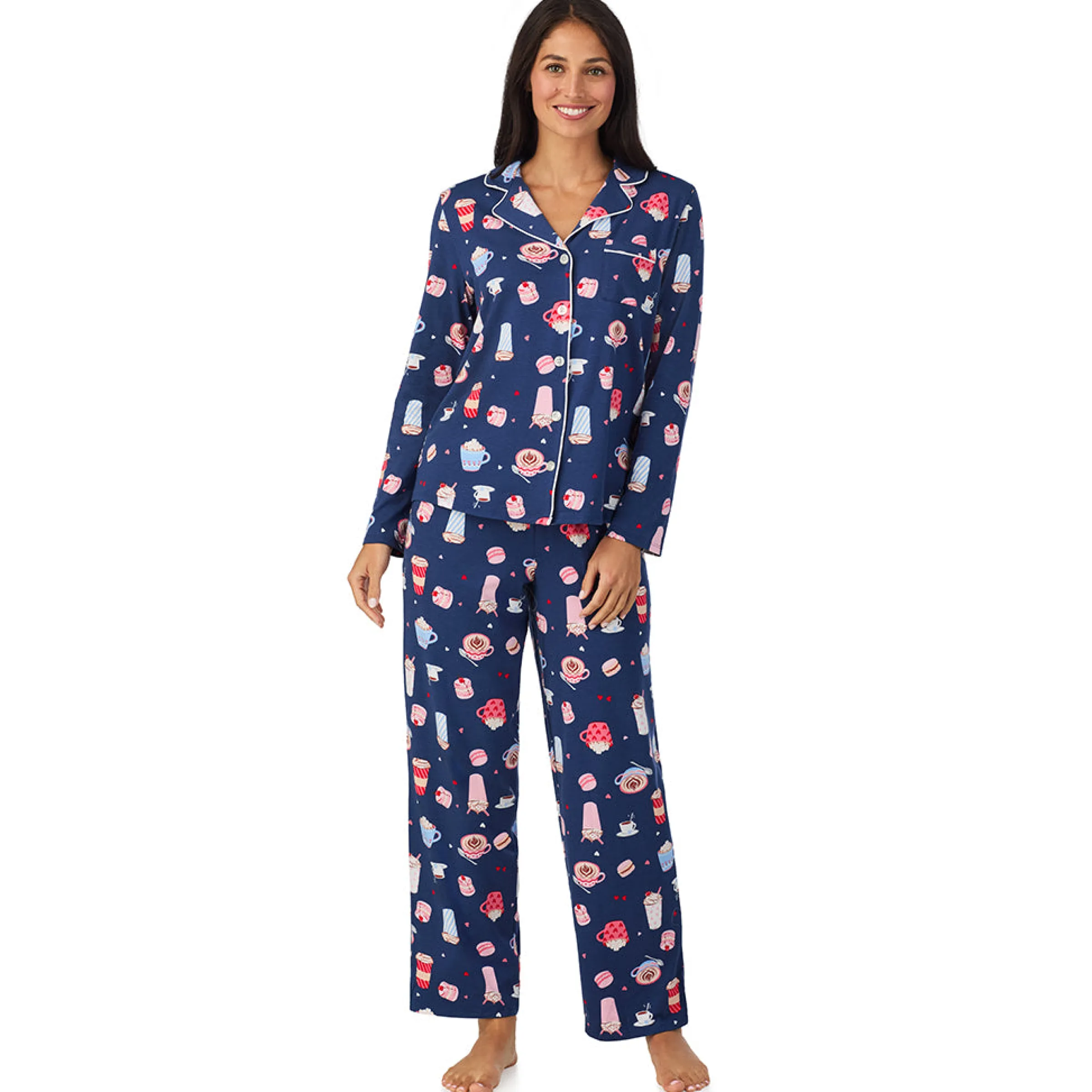 Cotton Rich Long Sleeve Notch Collar Top with Long Pant Pajama Set Women Sleepwear|Long Sleeves