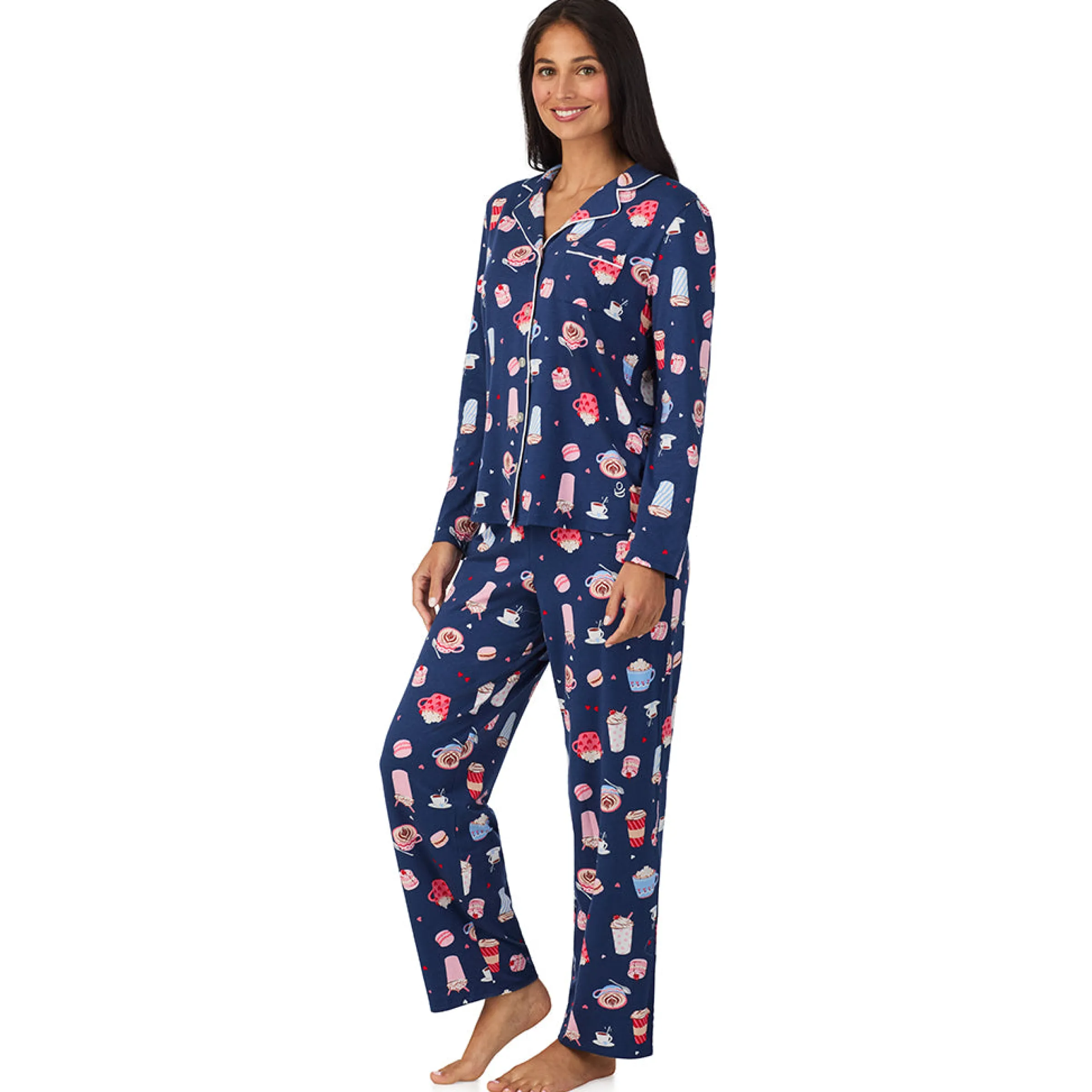 Cotton Rich Long Sleeve Notch Collar Top with Long Pant Pajama Set Women Sleepwear|Long Sleeves