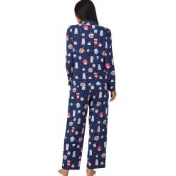 Cotton Rich Long Sleeve Notch Collar Top with Long Pant Pajama Set Women Sleepwear|Long Sleeves