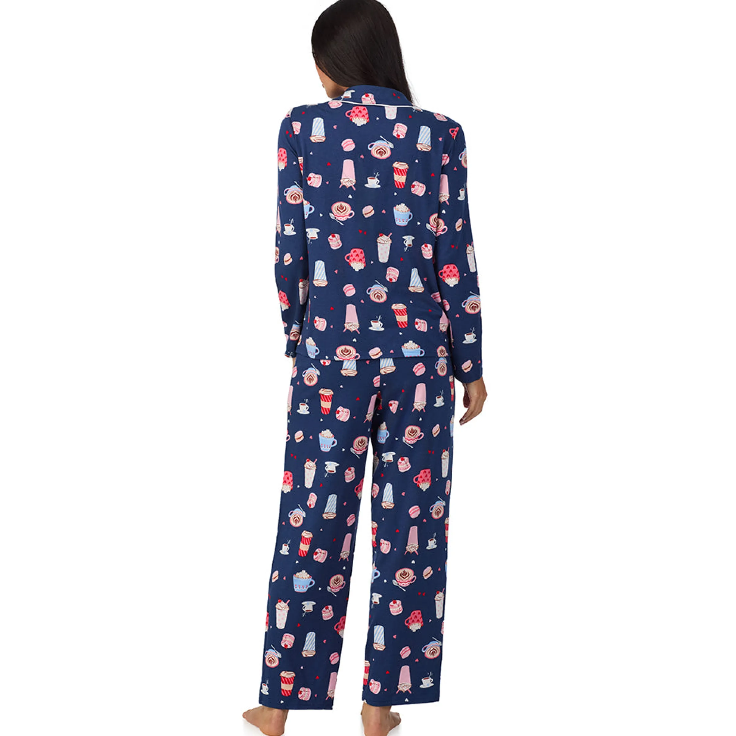 Cotton Rich Long Sleeve Notch Collar Top with Long Pant Pajama Set Women Sleepwear|Long Sleeves