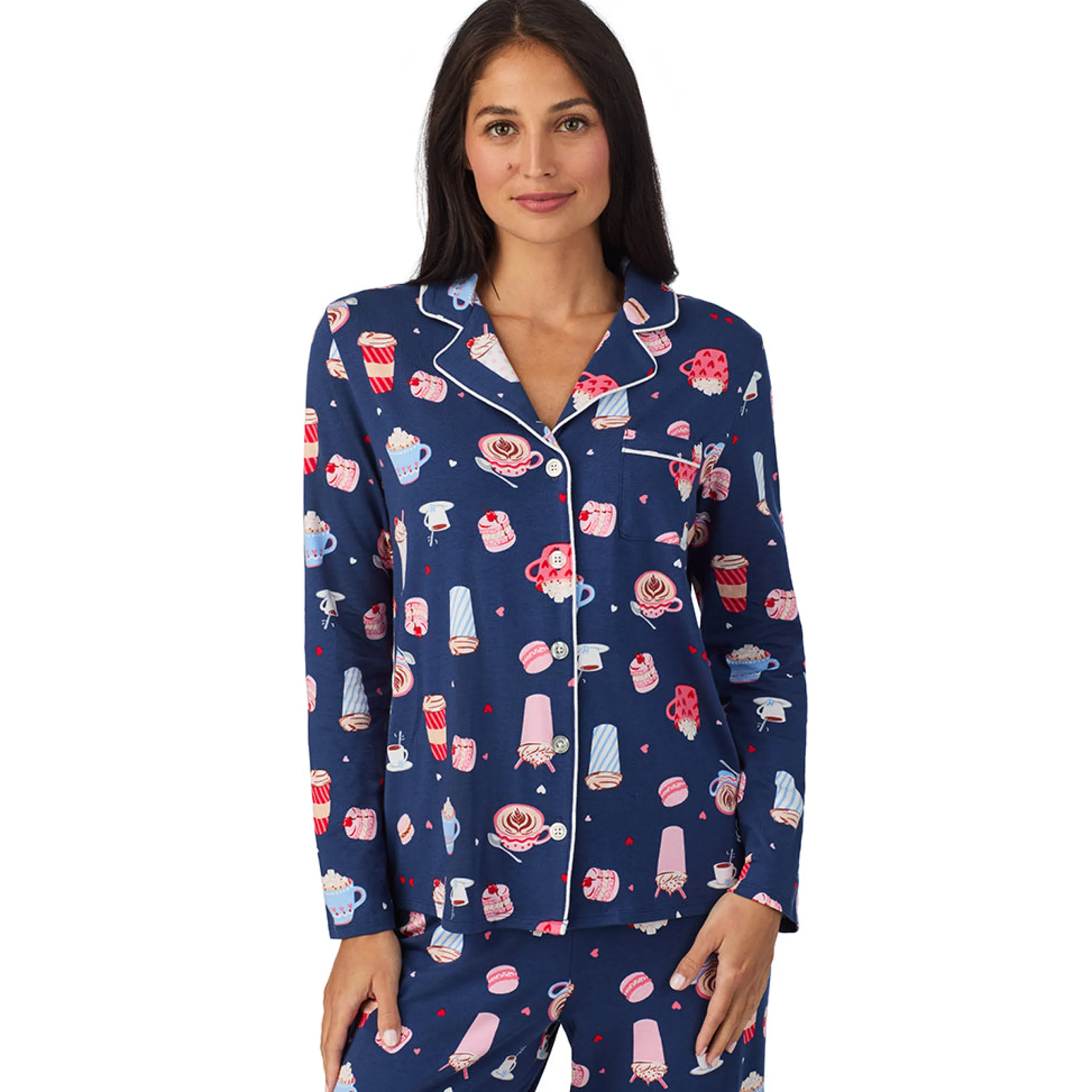 Cotton Rich Long Sleeve Notch Collar Top with Long Pant Pajama Set Women Sleepwear|Long Sleeves