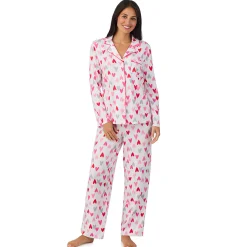 Cotton Rich Long Sleeve Notch Collar Top with Long Pant Pajama Set Women Sleepwear|Long Sleeves