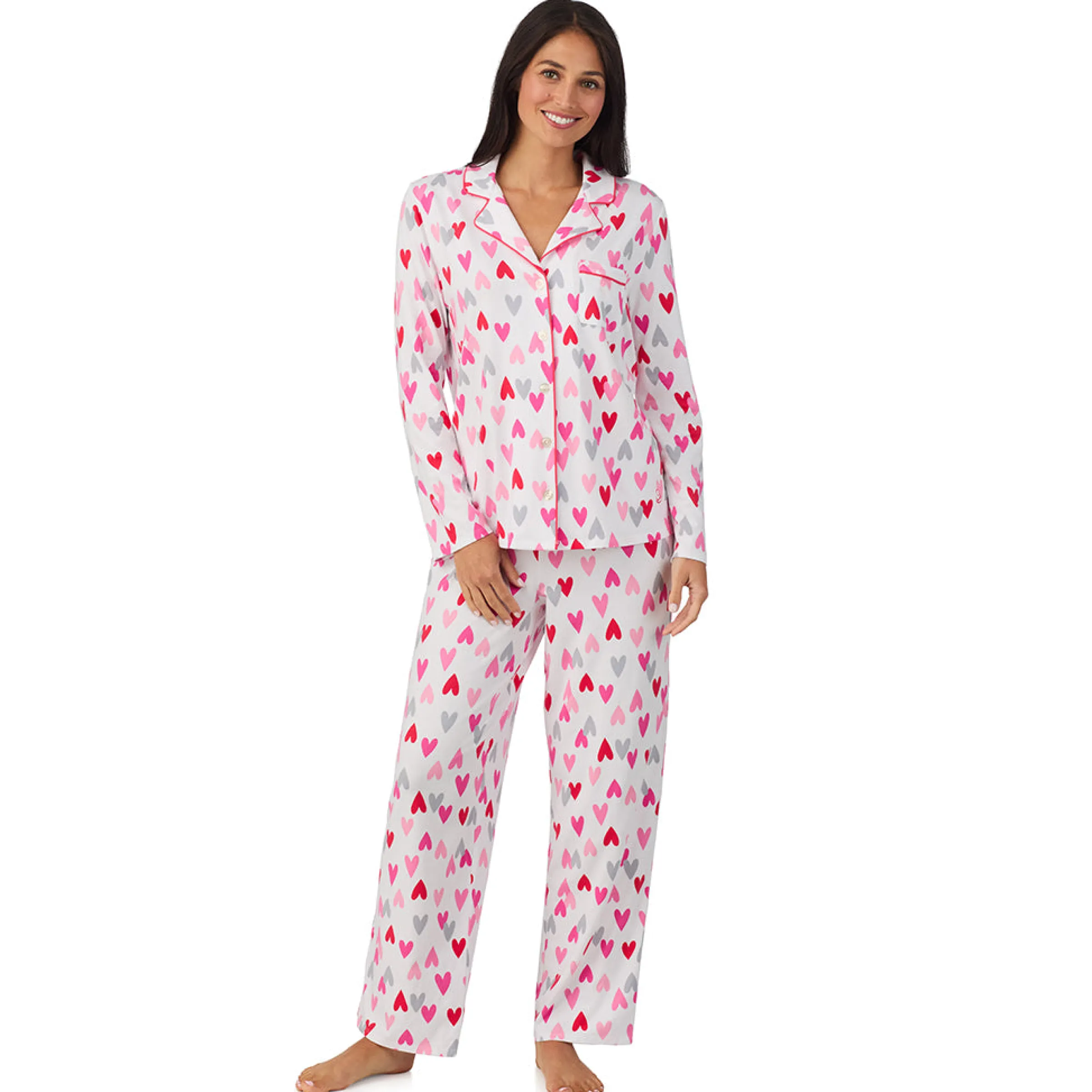 Cotton Rich Long Sleeve Notch Collar Top with Long Pant Pajama Set Women Sleepwear|Long Sleeves