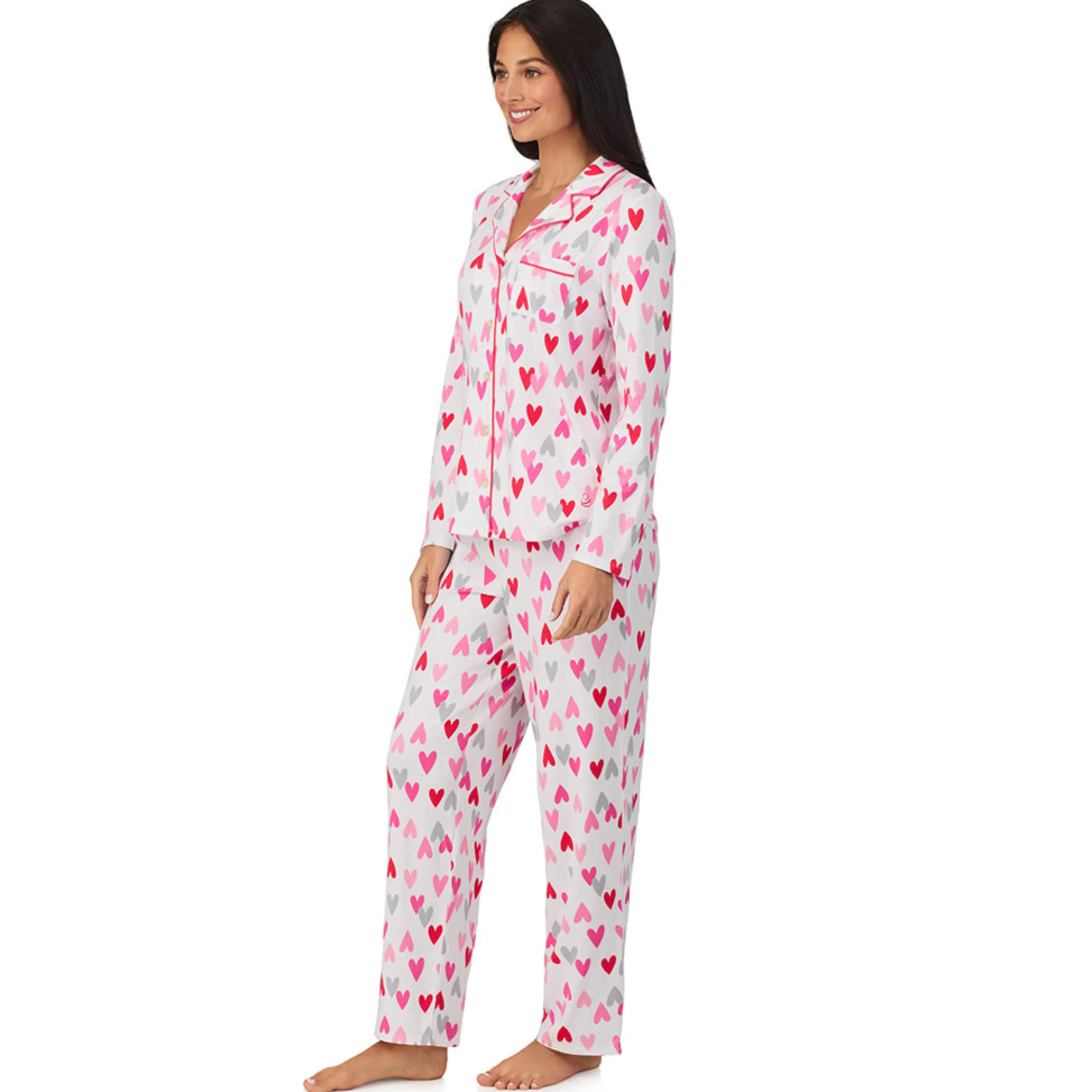 Cotton Rich Long Sleeve Notch Collar Top with Long Pant Pajama Set Women Sleepwear|Long Sleeves