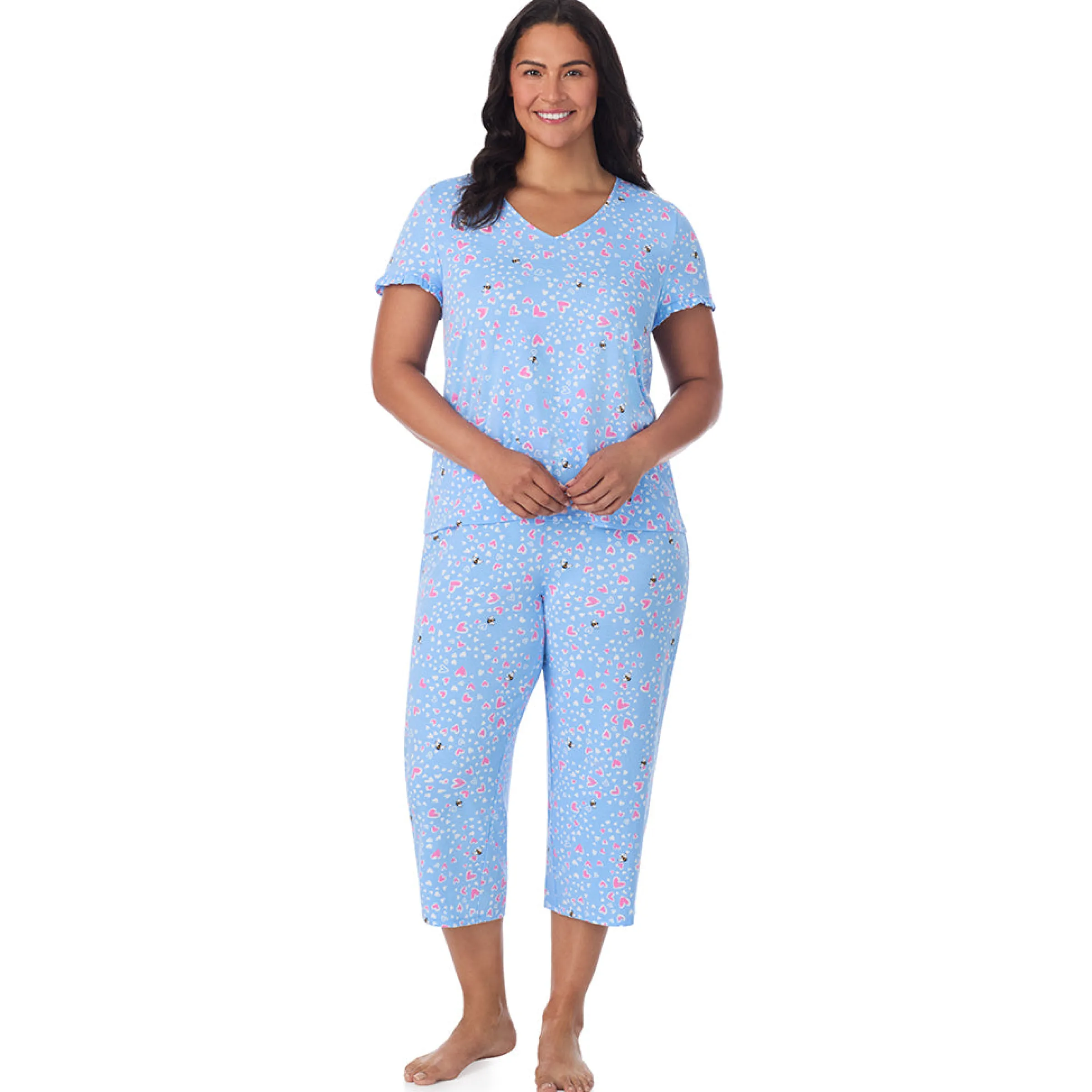 Sale Cotton Rich Ruffled Short Sleeve Top with Pant Pajama Set PLUS Women Sleepwear|Plus Size