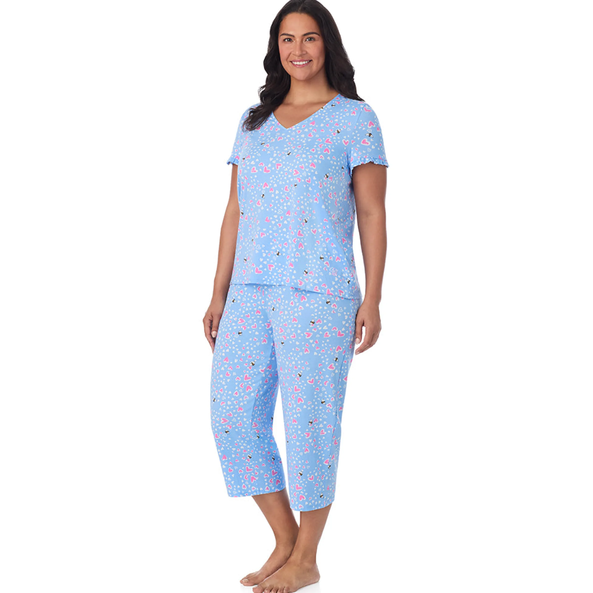 Sale Cotton Rich Ruffled Short Sleeve Top with Pant Pajama Set PLUS Women Sleepwear|Plus Size
