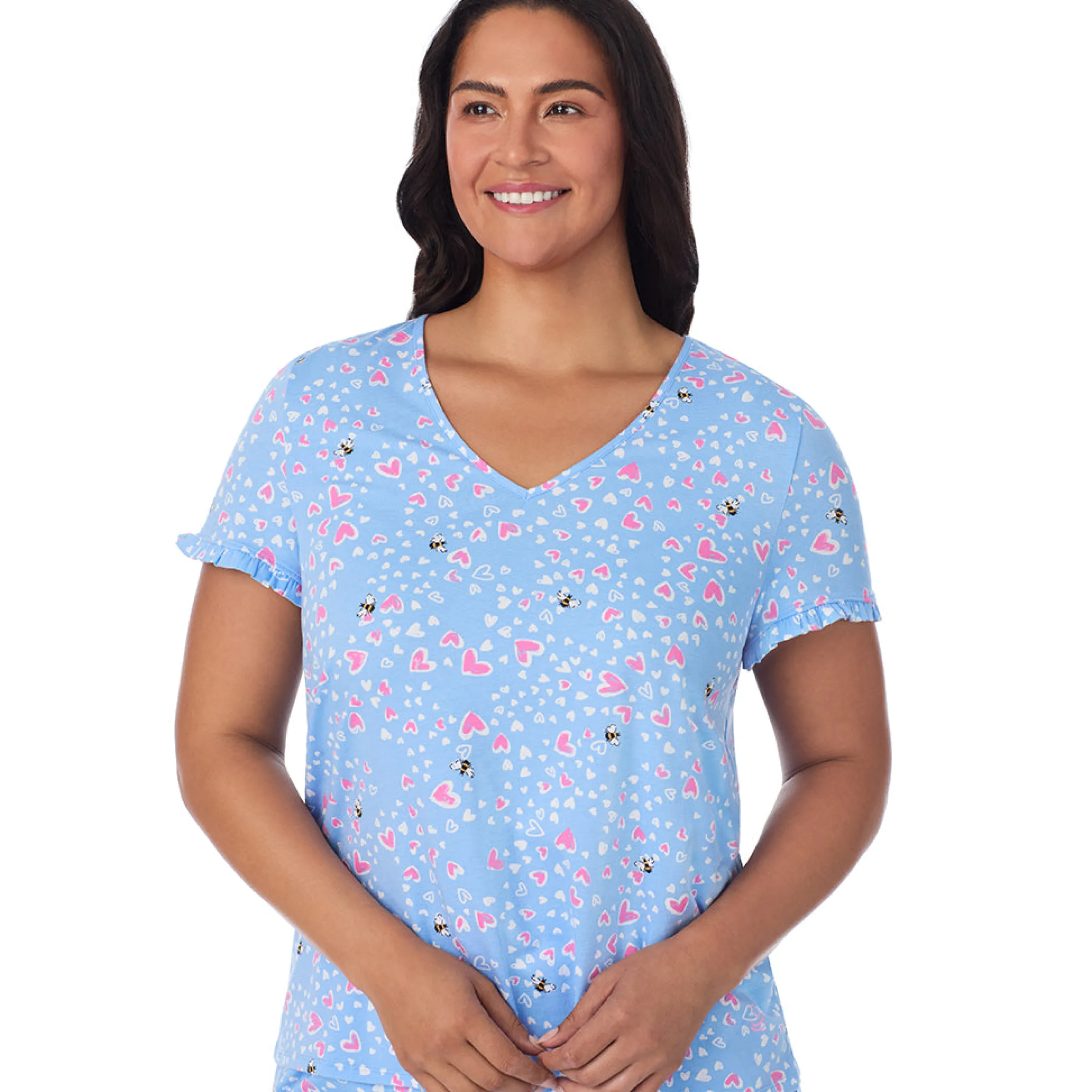 Sale Cotton Rich Ruffled Short Sleeve Top with Pant Pajama Set PLUS Women Sleepwear|Plus Size