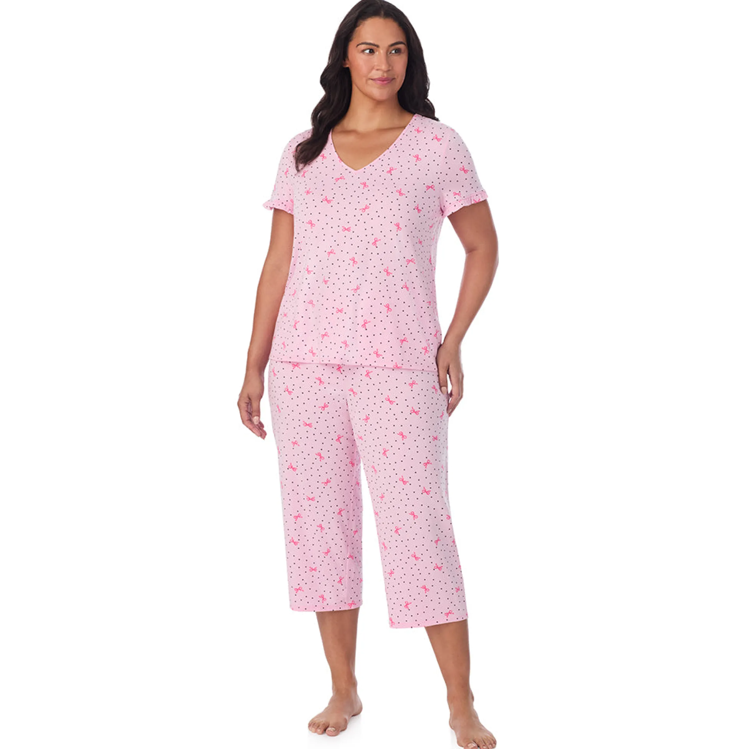 Sale Cotton Rich Ruffled Short Sleeve Top with Pant Pajama Set PLUS Women Sleepwear|Plus Size