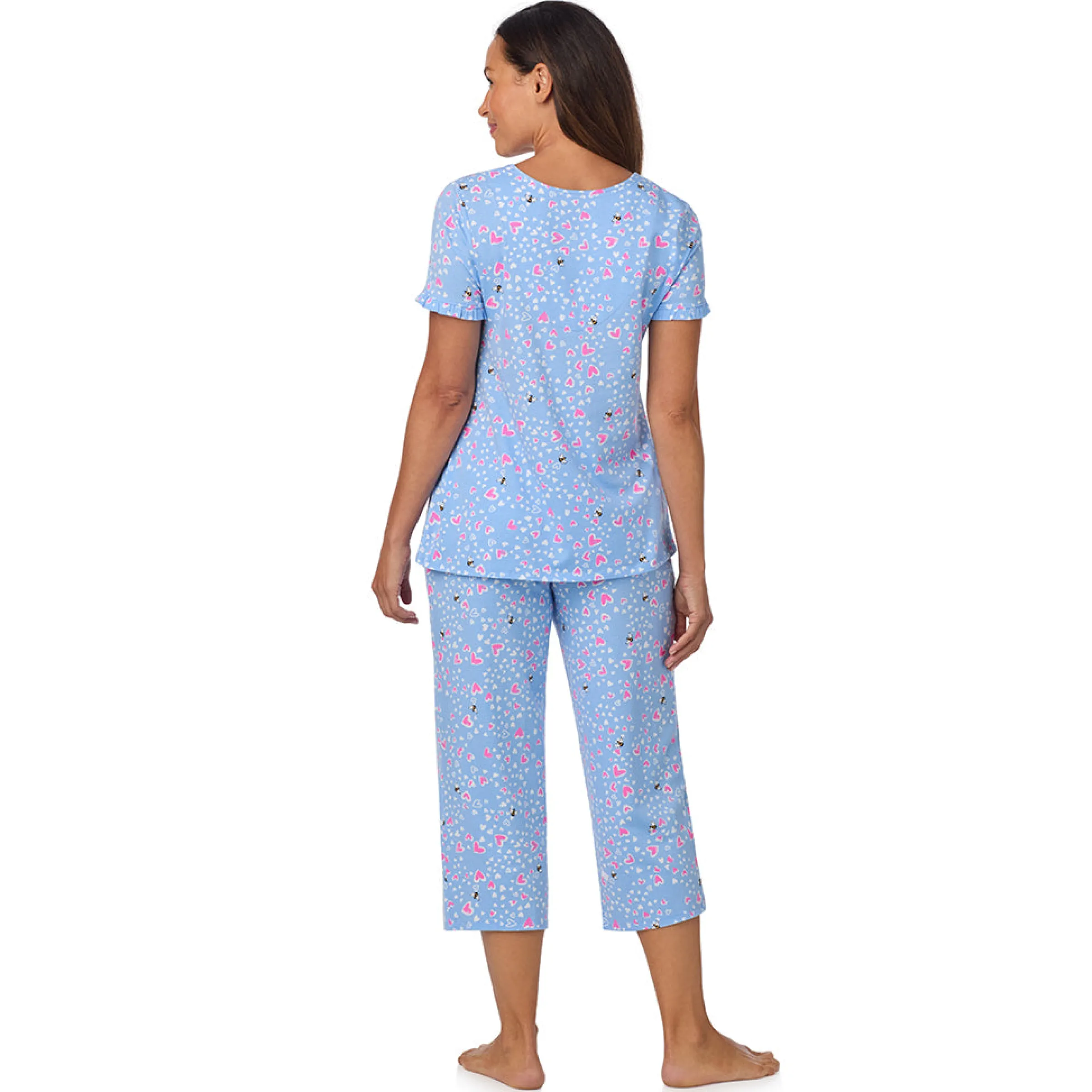 Cotton Rich Ruffled Short Sleeve Top with Pant Pajama Set Women Sleepwear