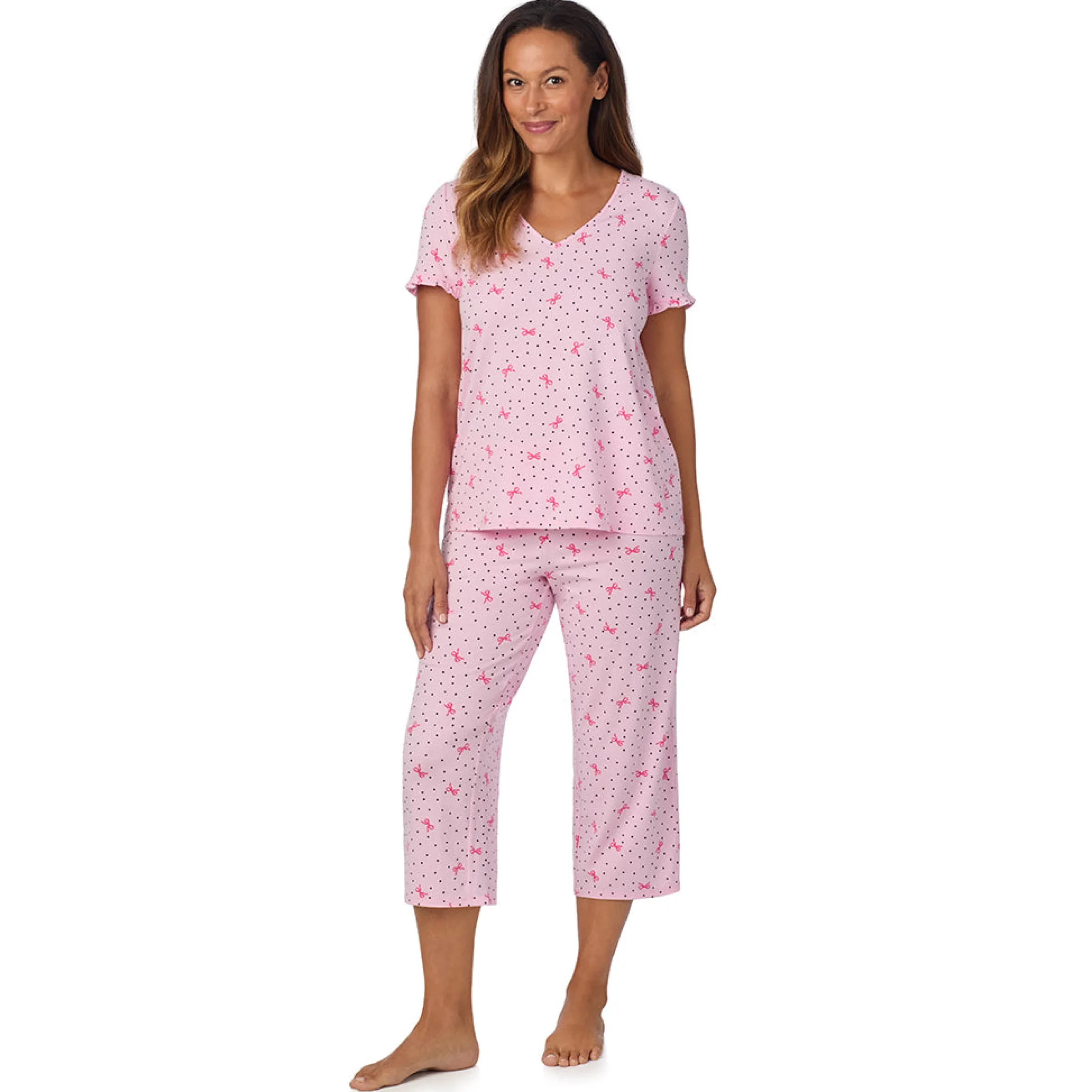 Cotton Rich Ruffled Short Sleeve Top with Pant Pajama Set Women Sleepwear