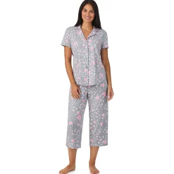 Hot Cotton Rich Short Sleeve Notch Collar Top with Cropped Pant Pajama Set Women Sleepwear