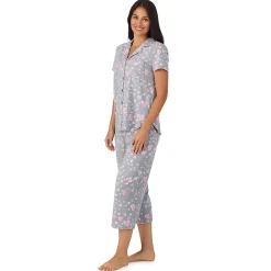 Hot Cotton Rich Short Sleeve Notch Collar Top with Cropped Pant Pajama Set Women Sleepwear