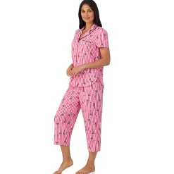 Hot Cotton Rich Short Sleeve Notch Collar Top with Cropped Pant Pajama Set Women Sleepwear