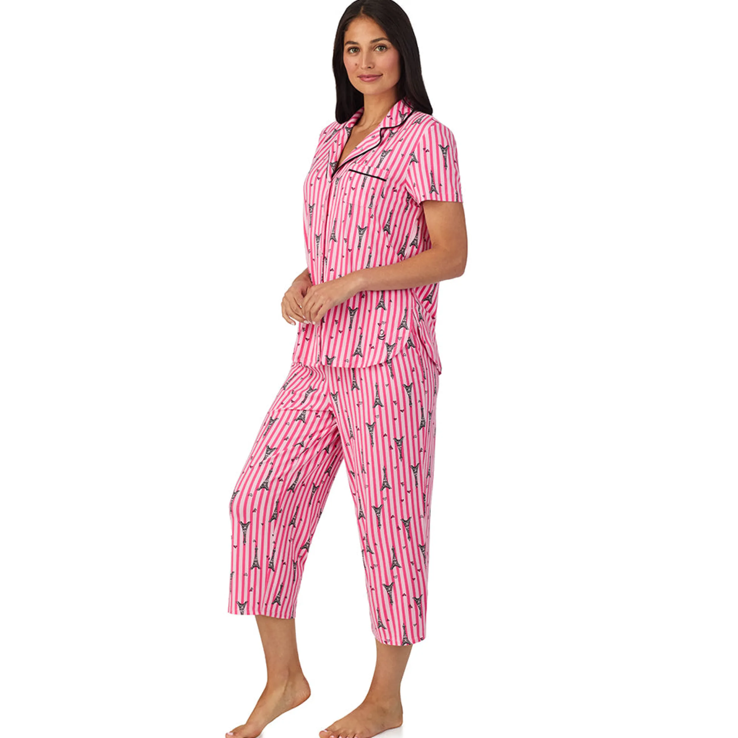 Hot Cotton Rich Short Sleeve Notch Collar Top with Cropped Pant Pajama Set Women Sleepwear