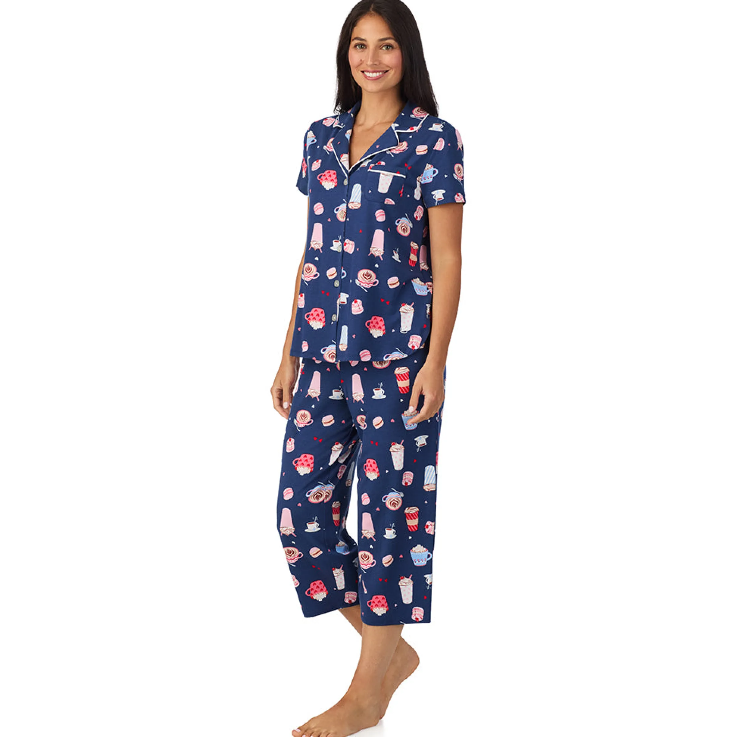 Hot Cotton Rich Short Sleeve Notch Collar Top with Cropped Pant Pajama Set Women Sleepwear