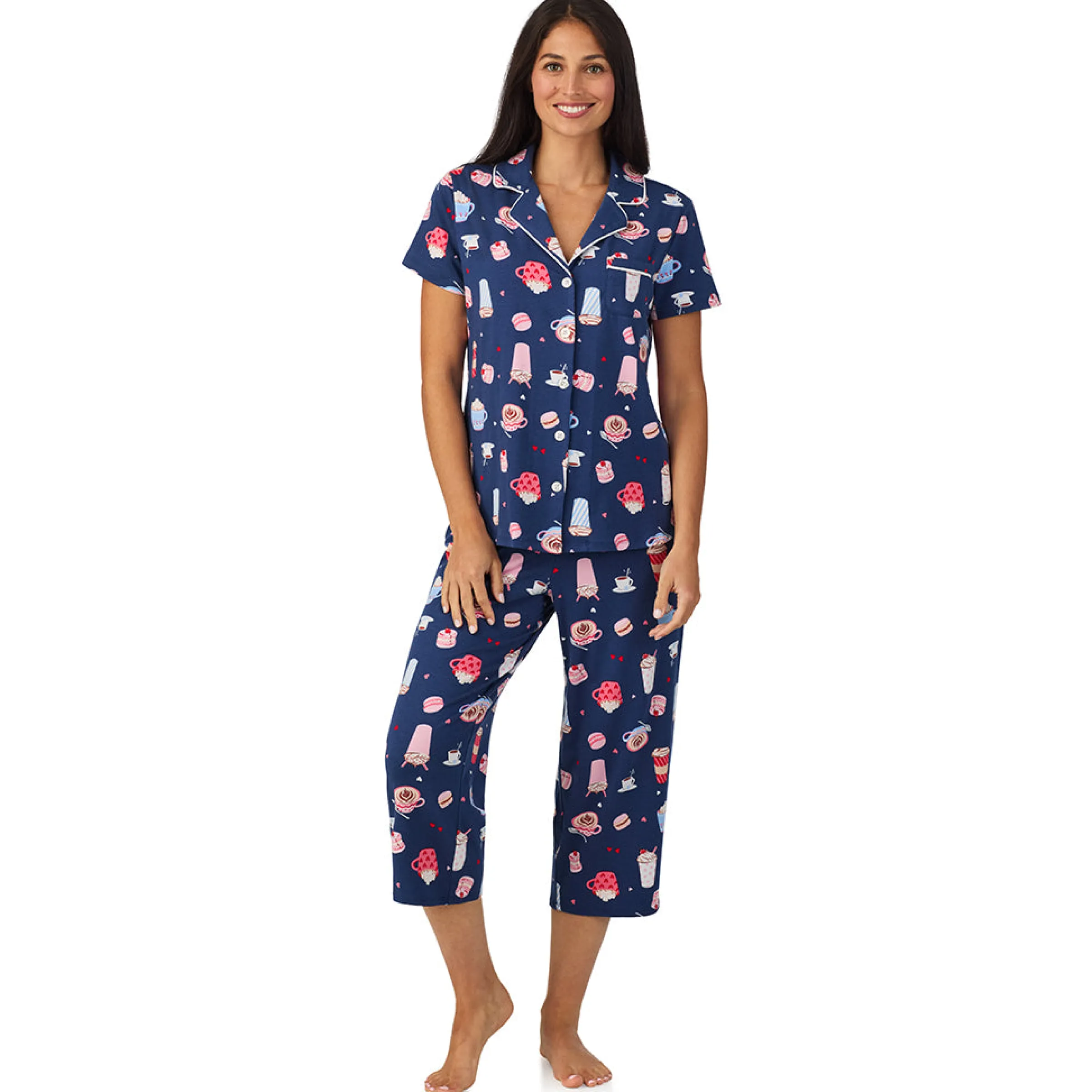 Hot Cotton Rich Short Sleeve Notch Collar Top with Cropped Pant Pajama Set Women Sleepwear