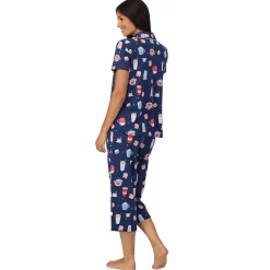 Hot Cotton Rich Short Sleeve Notch Collar Top with Cropped Pant Pajama Set Women Sleepwear