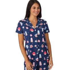 Hot Cotton Rich Short Sleeve Notch Collar Top with Cropped Pant Pajama Set Women Sleepwear