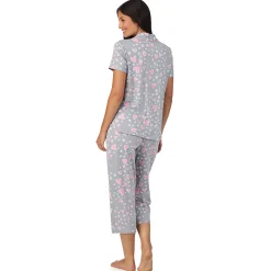 Hot Cotton Rich Short Sleeve Notch Collar Top with Cropped Pant Pajama Set Women Sleepwear