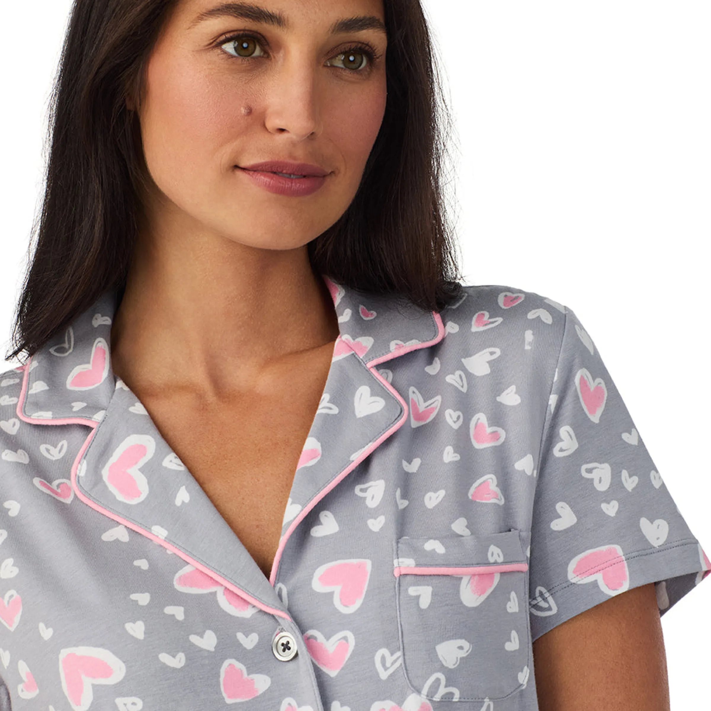 Hot Cotton Rich Short Sleeve Notch Collar Top with Cropped Pant Pajama Set Women Sleepwear