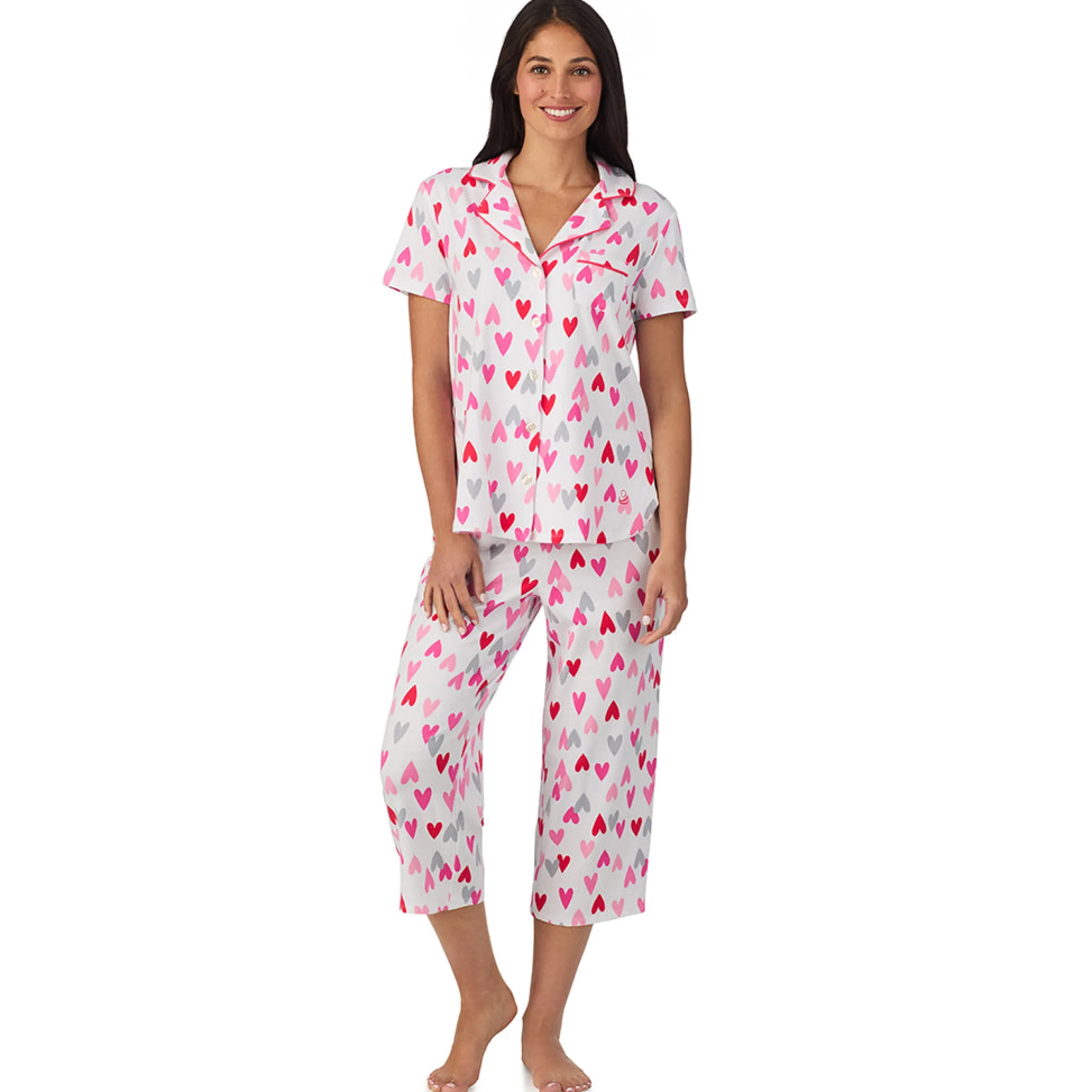 Hot Cotton Rich Short Sleeve Notch Collar Top with Cropped Pant Pajama Set Women Sleepwear