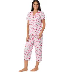 Hot Cotton Rich Short Sleeve Notch Collar Top with Cropped Pant Pajama Set Women Sleepwear