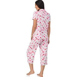Hot Cotton Rich Short Sleeve Notch Collar Top with Cropped Pant Pajama Set Women Sleepwear