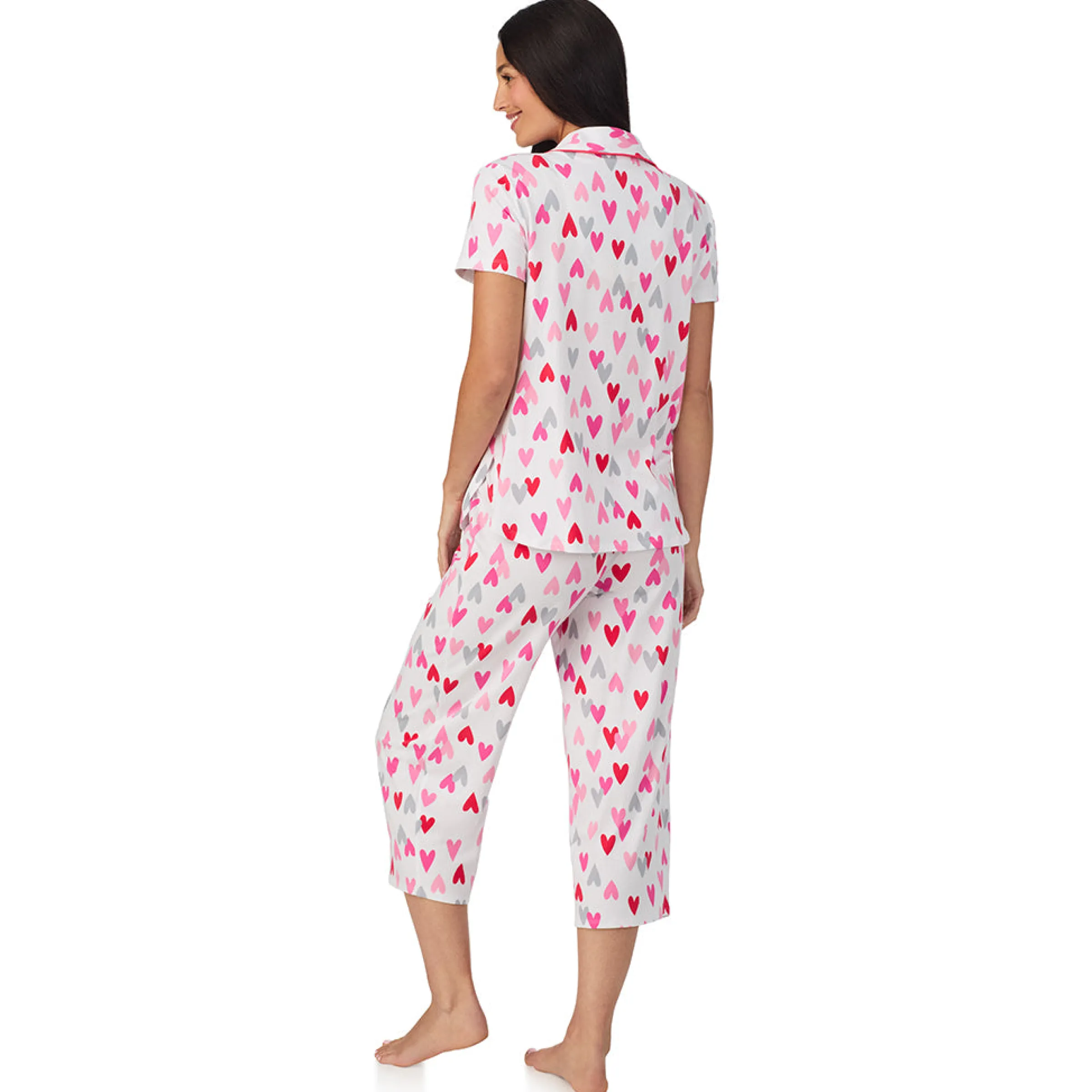 Hot Cotton Rich Short Sleeve Notch Collar Top with Cropped Pant Pajama Set Women Sleepwear