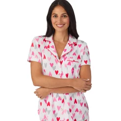Hot Cotton Rich Short Sleeve Notch Collar Top with Cropped Pant Pajama Set Women Sleepwear