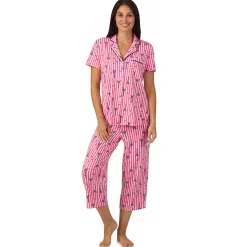 Hot Cotton Rich Short Sleeve Notch Collar Top with Cropped Pant Pajama Set Women Sleepwear