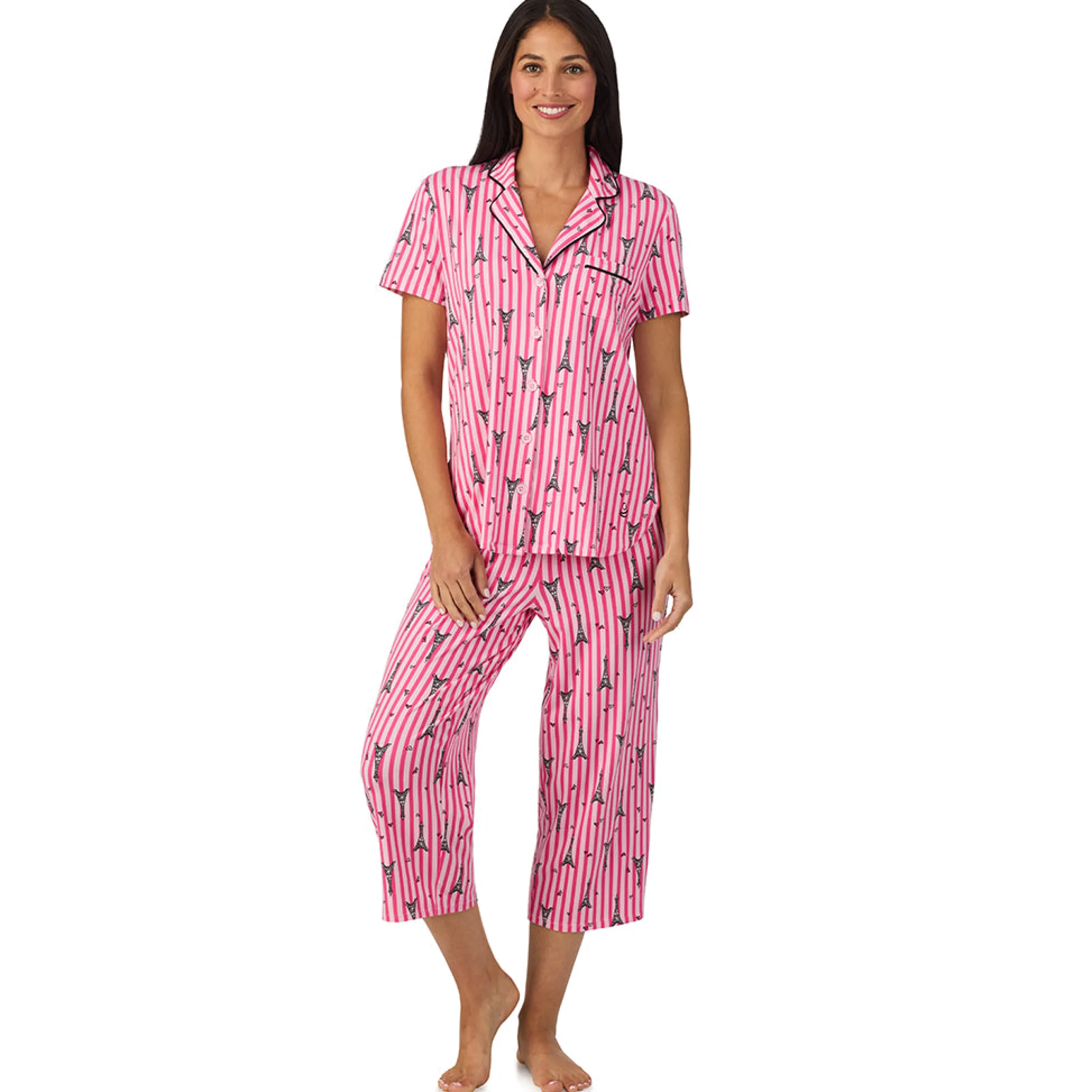 Hot Cotton Rich Short Sleeve Notch Collar Top with Cropped Pant Pajama Set Women Sleepwear