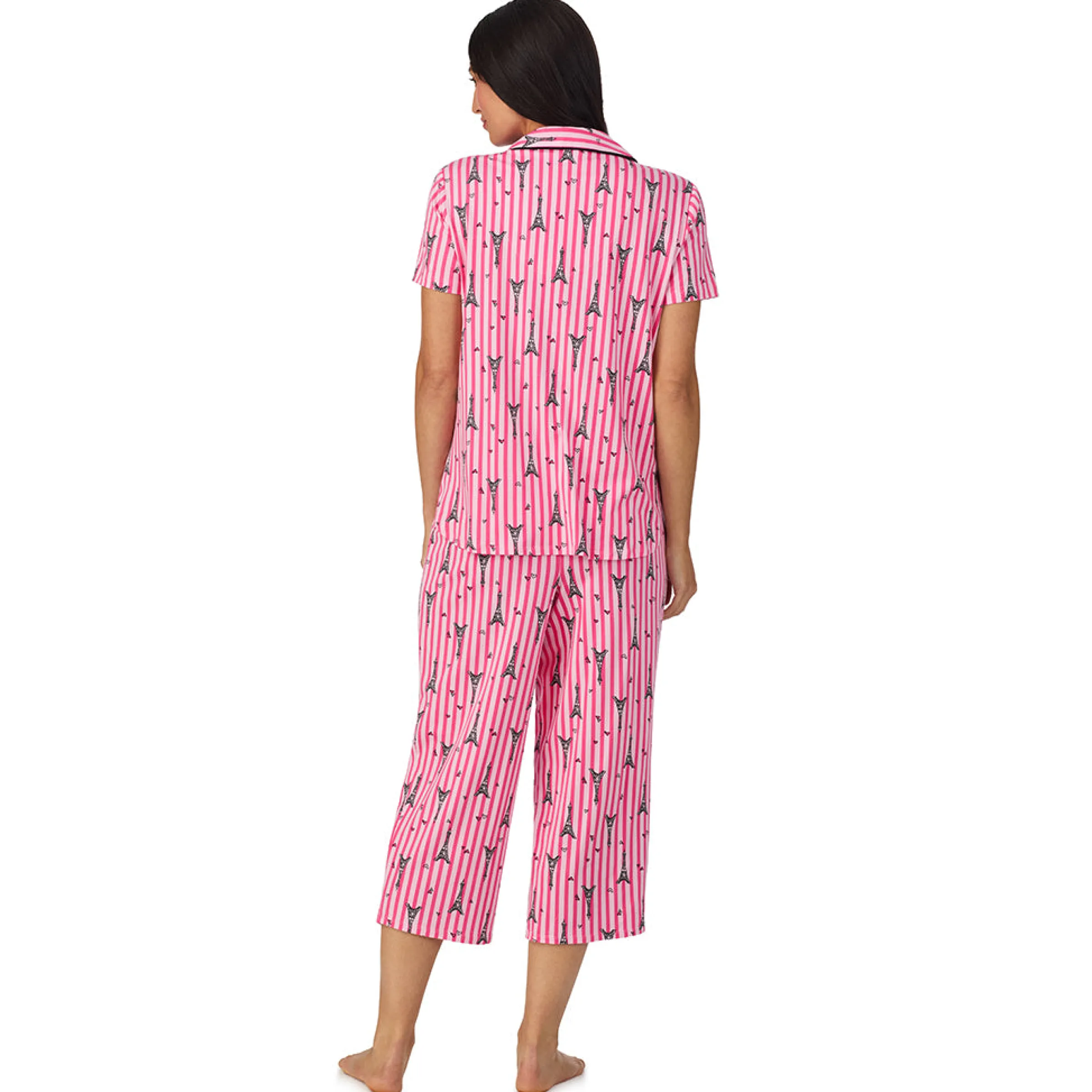 Hot Cotton Rich Short Sleeve Notch Collar Top with Cropped Pant Pajama Set Women Sleepwear