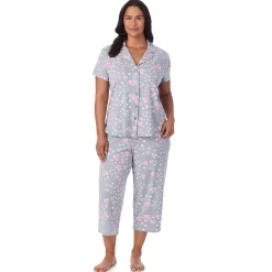 Clearance Cotton Rich Short Sleeve Notch Collar Top with Cropped Pant Pajama Set Women Sleepwear|Plus Size