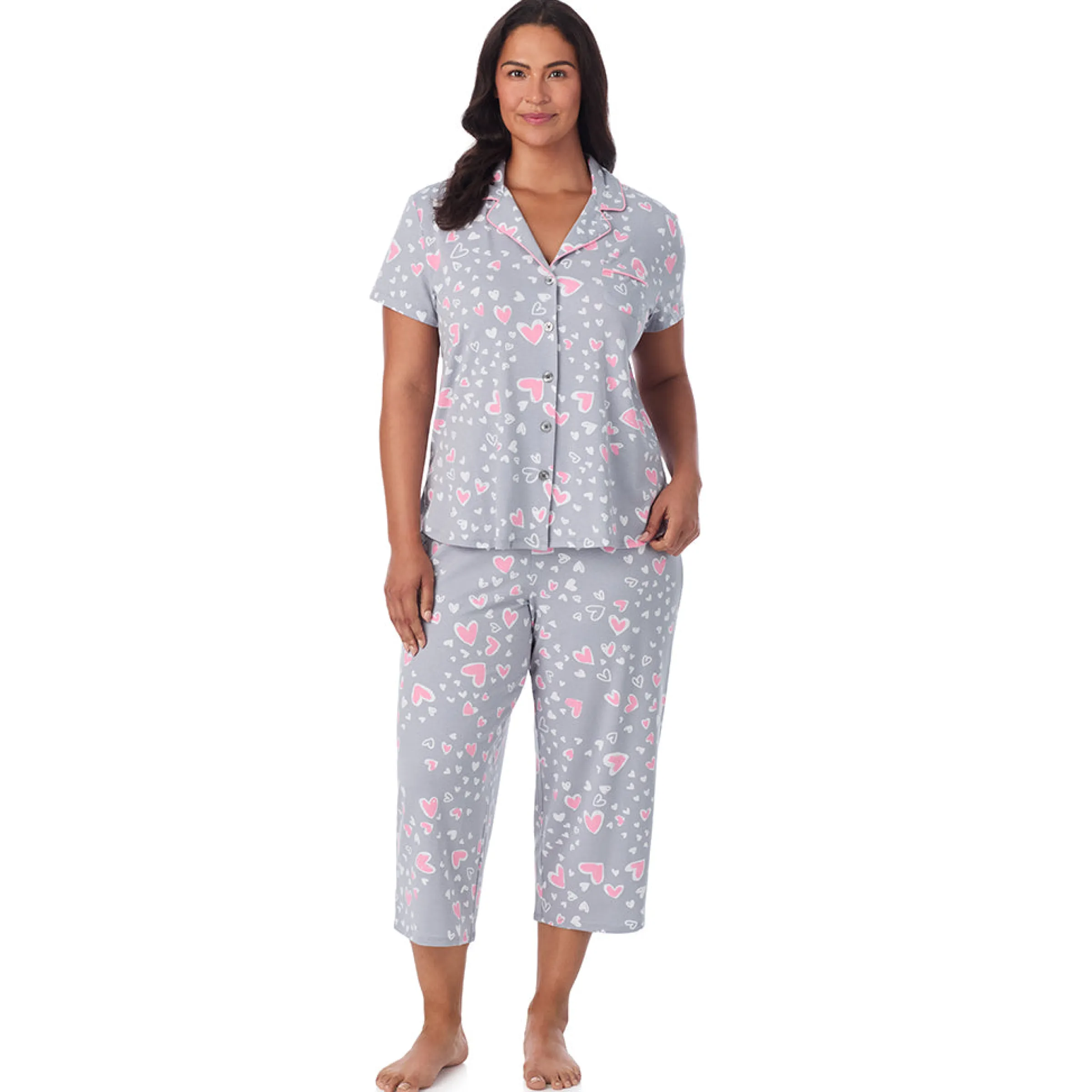 Clearance Cotton Rich Short Sleeve Notch Collar Top with Cropped Pant Pajama Set Women Sleepwear|Plus Size