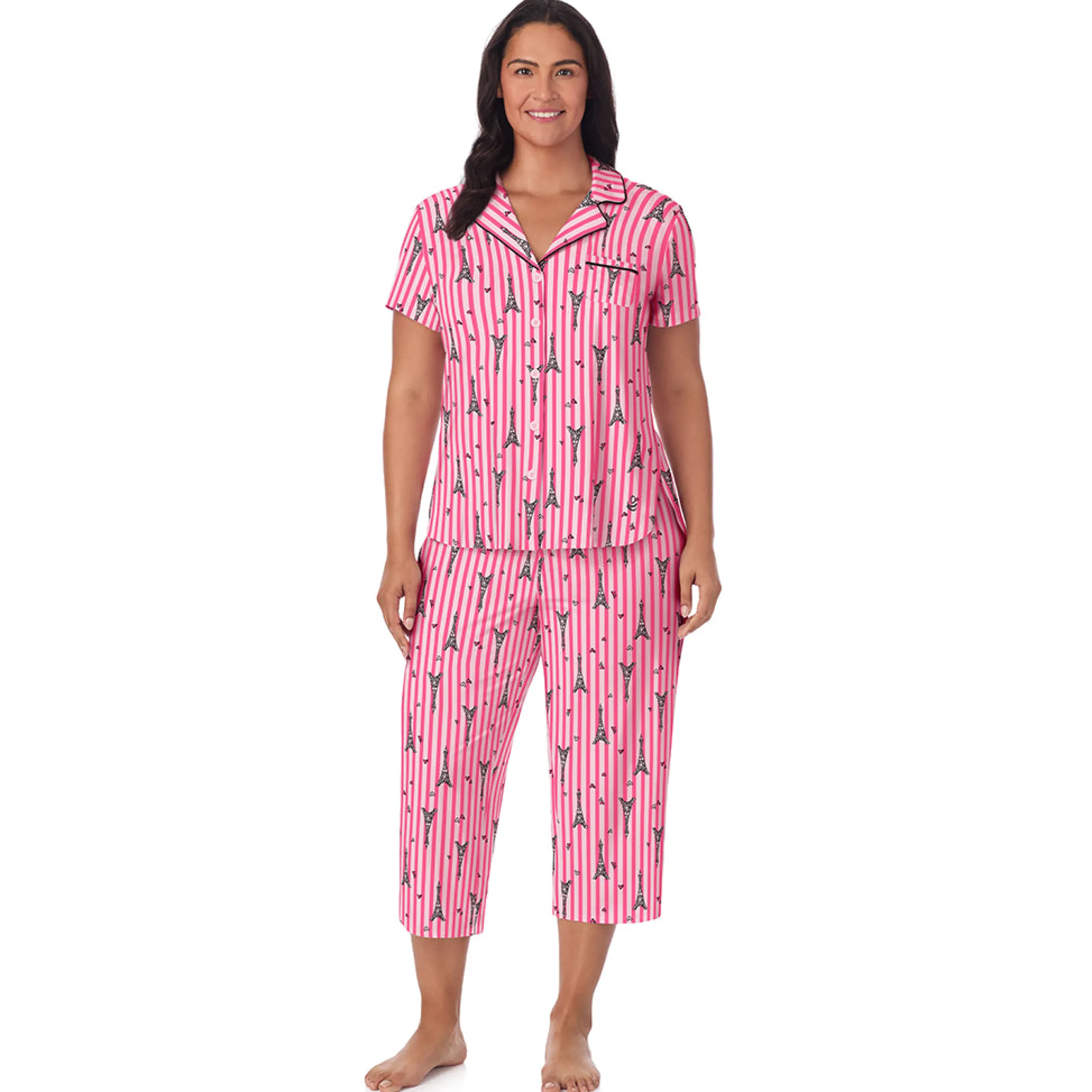 Clearance Cotton Rich Short Sleeve Notch Collar Top with Cropped Pant Pajama Set Women Sleepwear|Plus Size