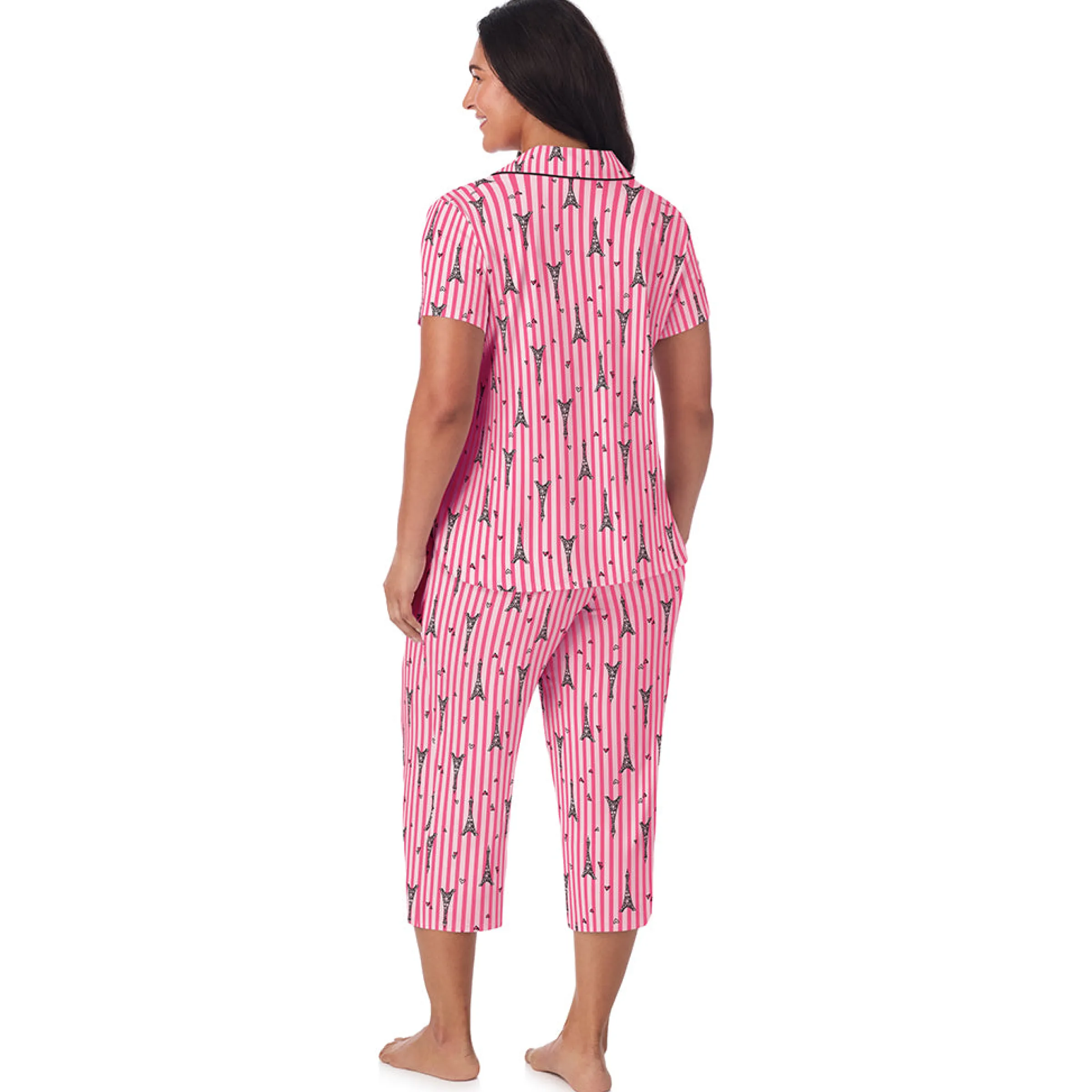 Clearance Cotton Rich Short Sleeve Notch Collar Top with Cropped Pant Pajama Set Women Sleepwear|Plus Size
