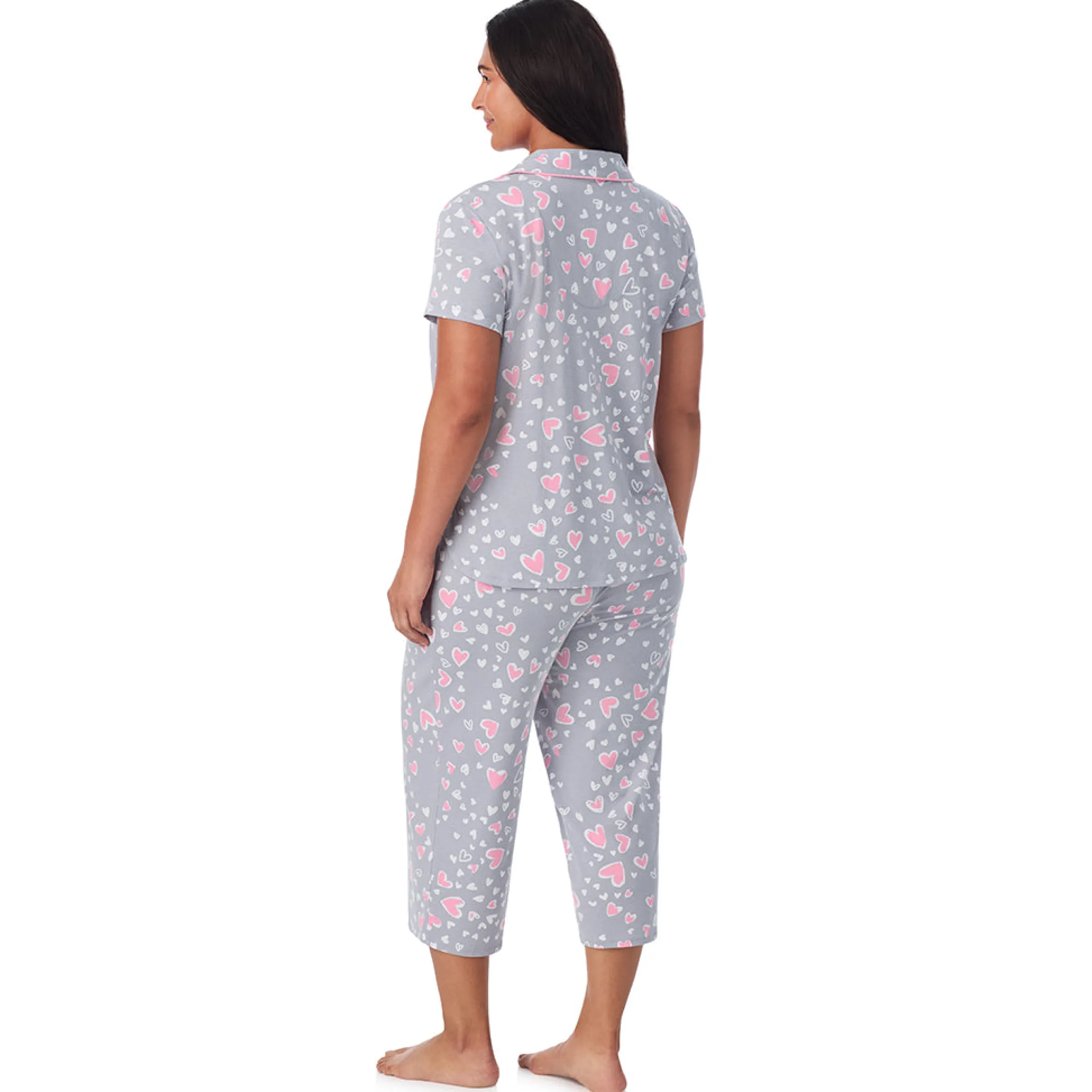Clearance Cotton Rich Short Sleeve Notch Collar Top with Cropped Pant Pajama Set Women Sleepwear|Plus Size