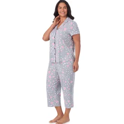 Clearance Cotton Rich Short Sleeve Notch Collar Top with Cropped Pant Pajama Set Women Sleepwear|Plus Size