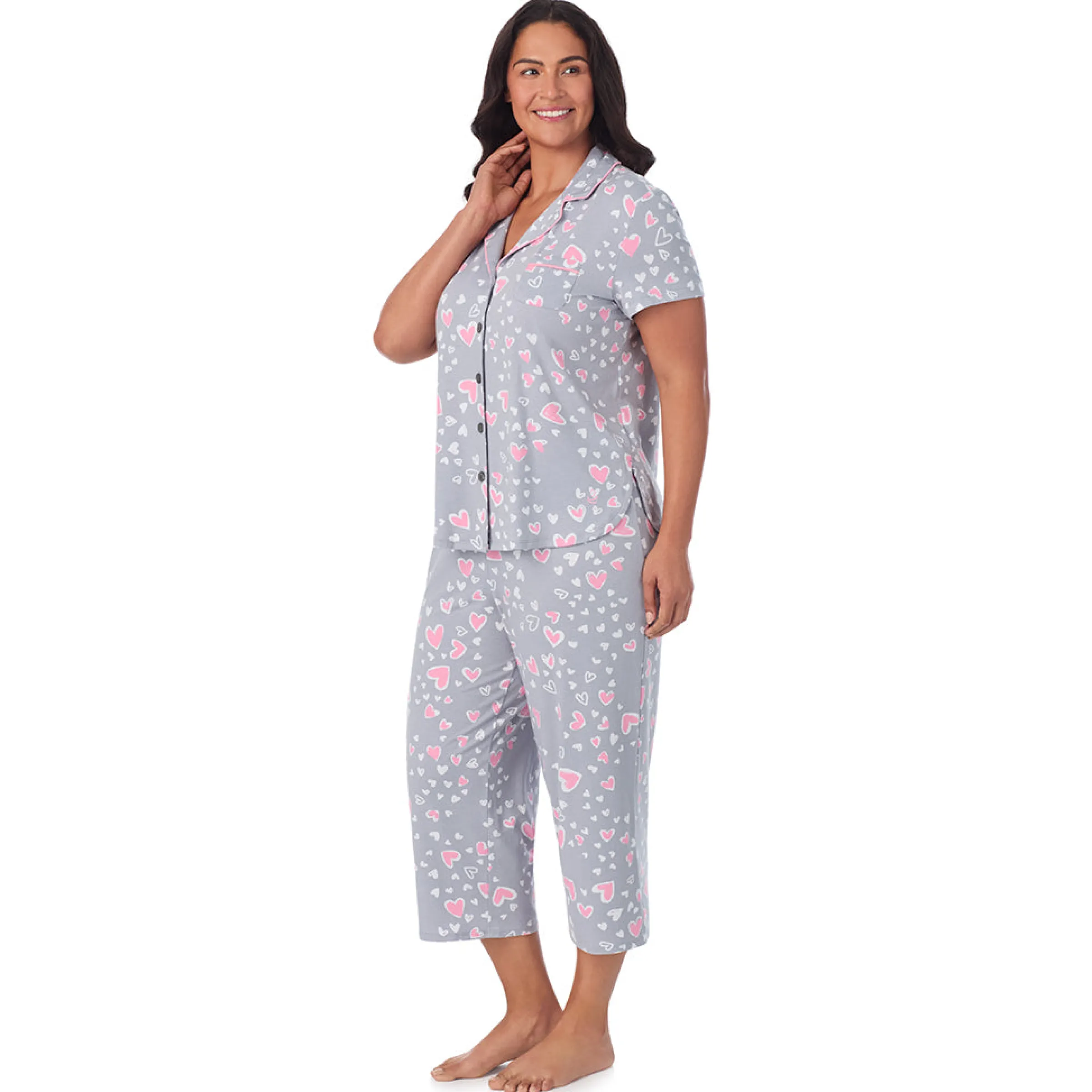 Clearance Cotton Rich Short Sleeve Notch Collar Top with Cropped Pant Pajama Set Women Sleepwear|Plus Size
