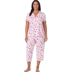 Clearance Cotton Rich Short Sleeve Notch Collar Top with Cropped Pant Pajama Set Women Sleepwear|Plus Size