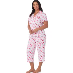 Clearance Cotton Rich Short Sleeve Notch Collar Top with Cropped Pant Pajama Set Women Sleepwear|Plus Size