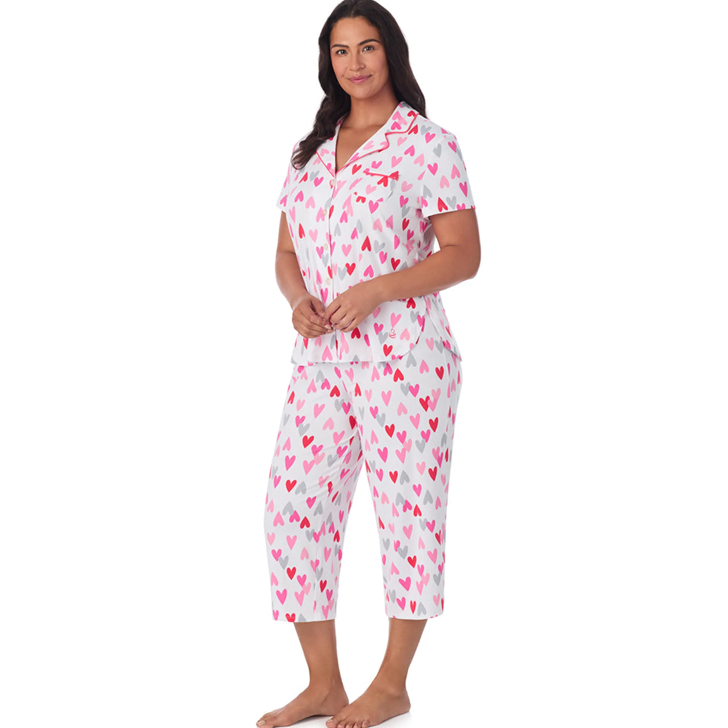 Clearance Cotton Rich Short Sleeve Notch Collar Top with Cropped Pant Pajama Set Women Sleepwear|Plus Size