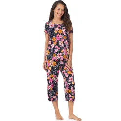 Clearance Cotton Rich Short Sleeve Top with Cropped Pant Pajama Set Women Sleepwear