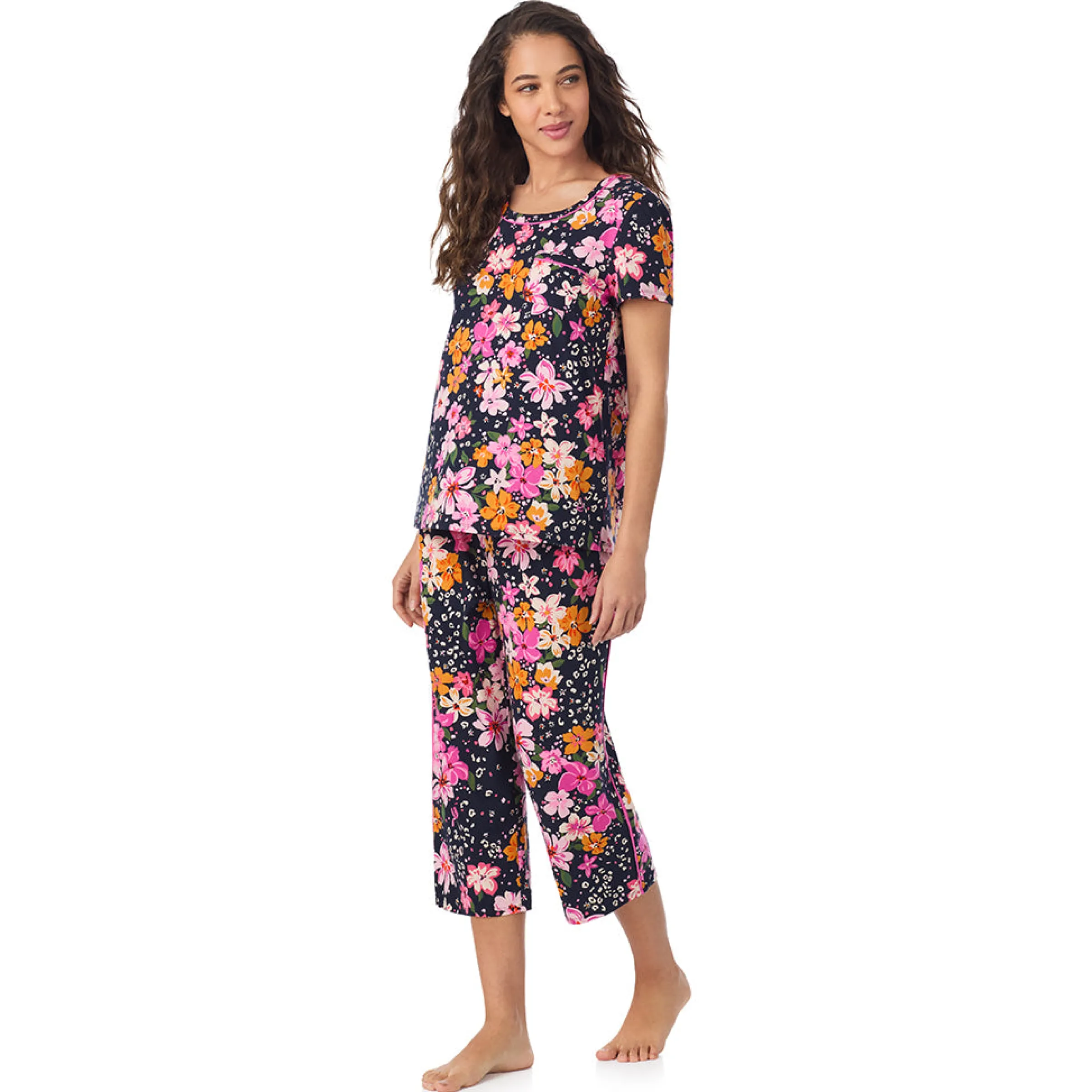 Clearance Cotton Rich Short Sleeve Top with Cropped Pant Pajama Set Women Sleepwear