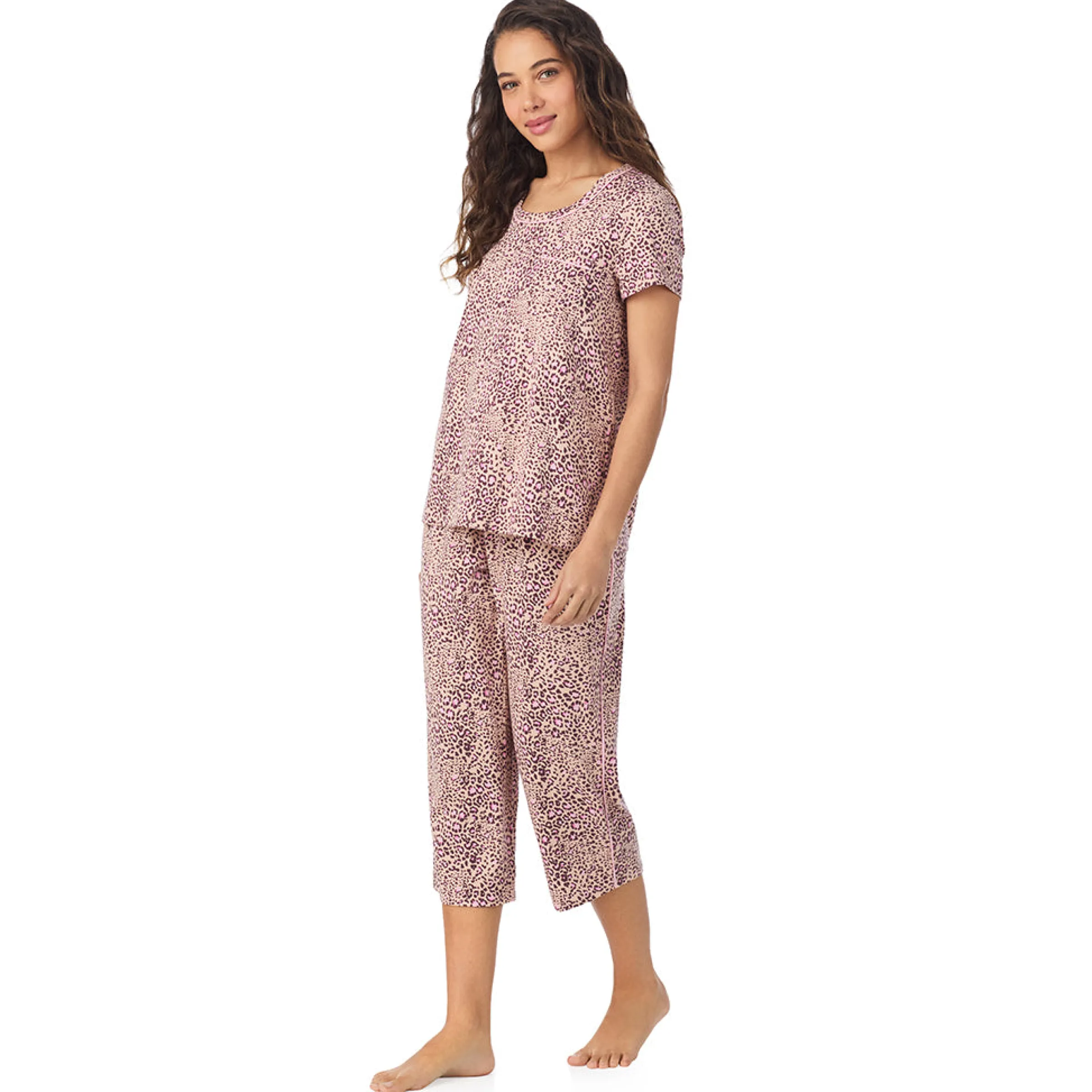 Clearance Cotton Rich Short Sleeve Top with Cropped Pant Pajama Set Women Sleepwear