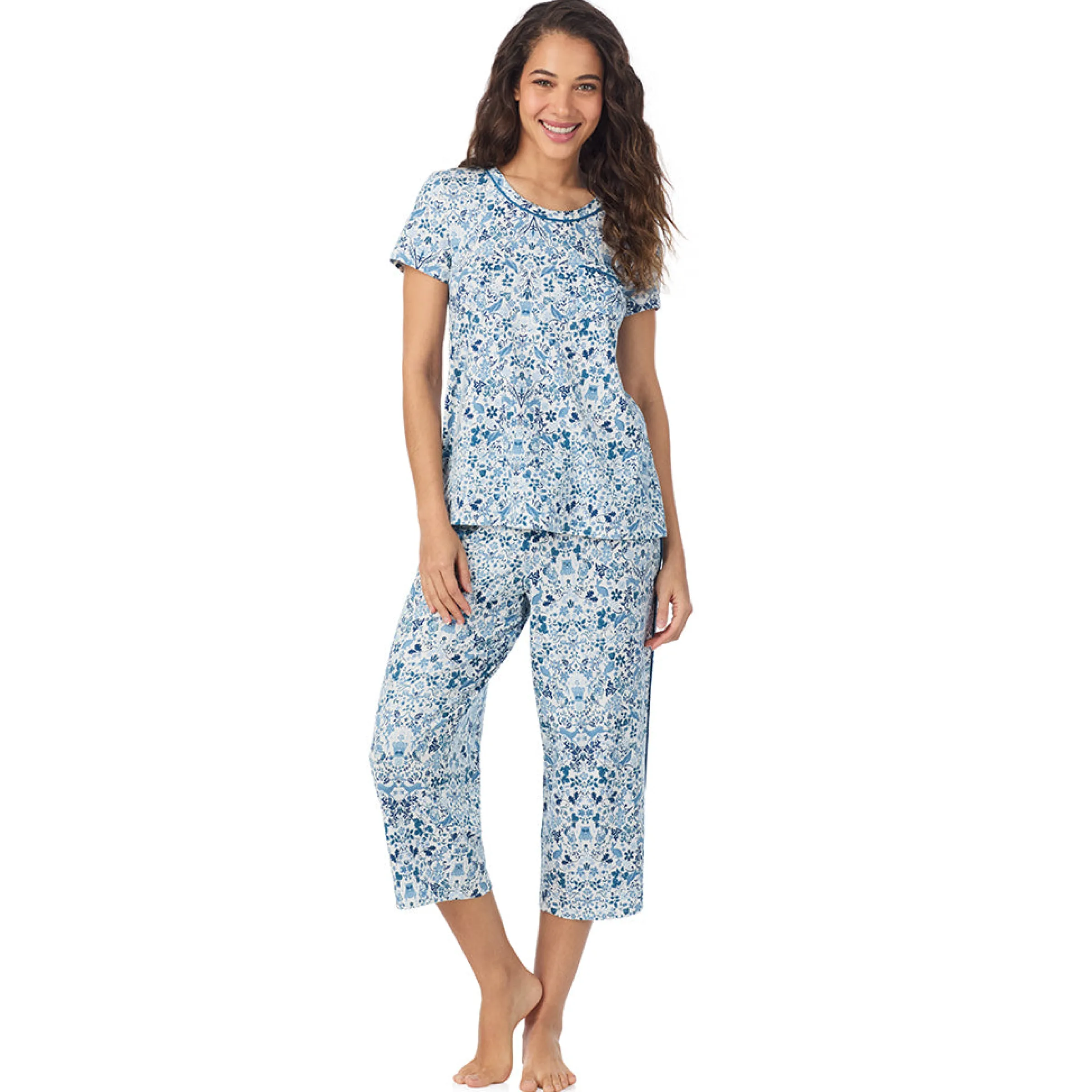 Clearance Cotton Rich Short Sleeve Top with Cropped Pant Pajama Set Women Sleepwear