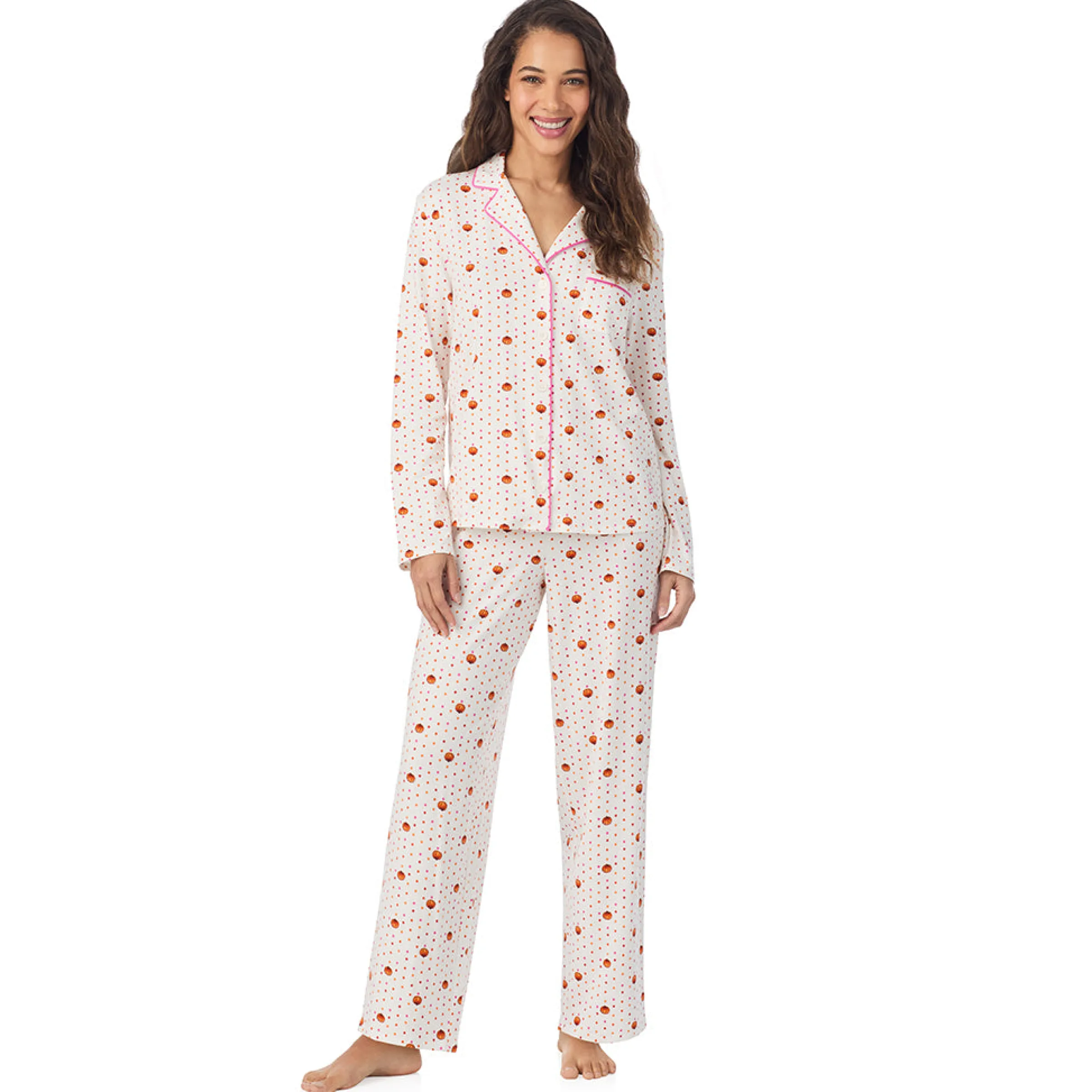 Clearance Cotton-Blend Long Sleeve Notch Collar 2-Pc Pajama Set Women Long Sleeves|Sleepwear